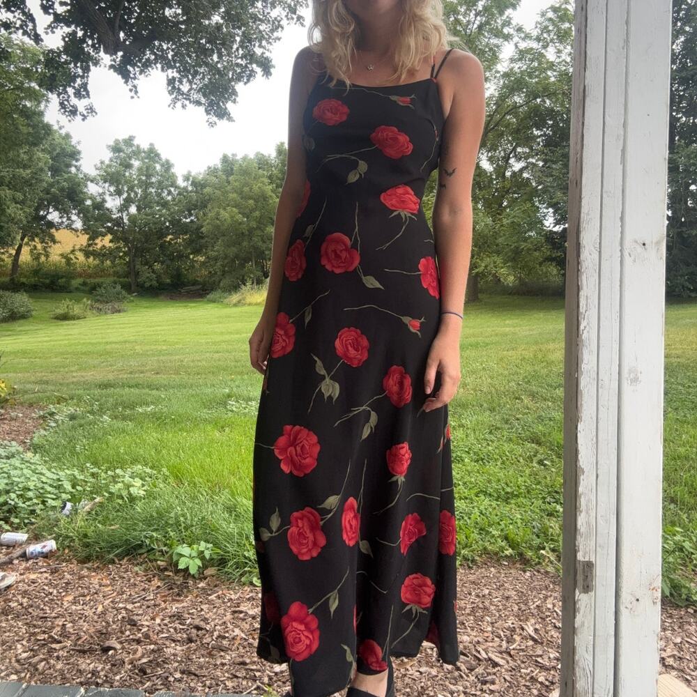 Vintage Y2K Steppin Out Black Red Rose Floral Grunge Maxi Dress Gown Size 5/6